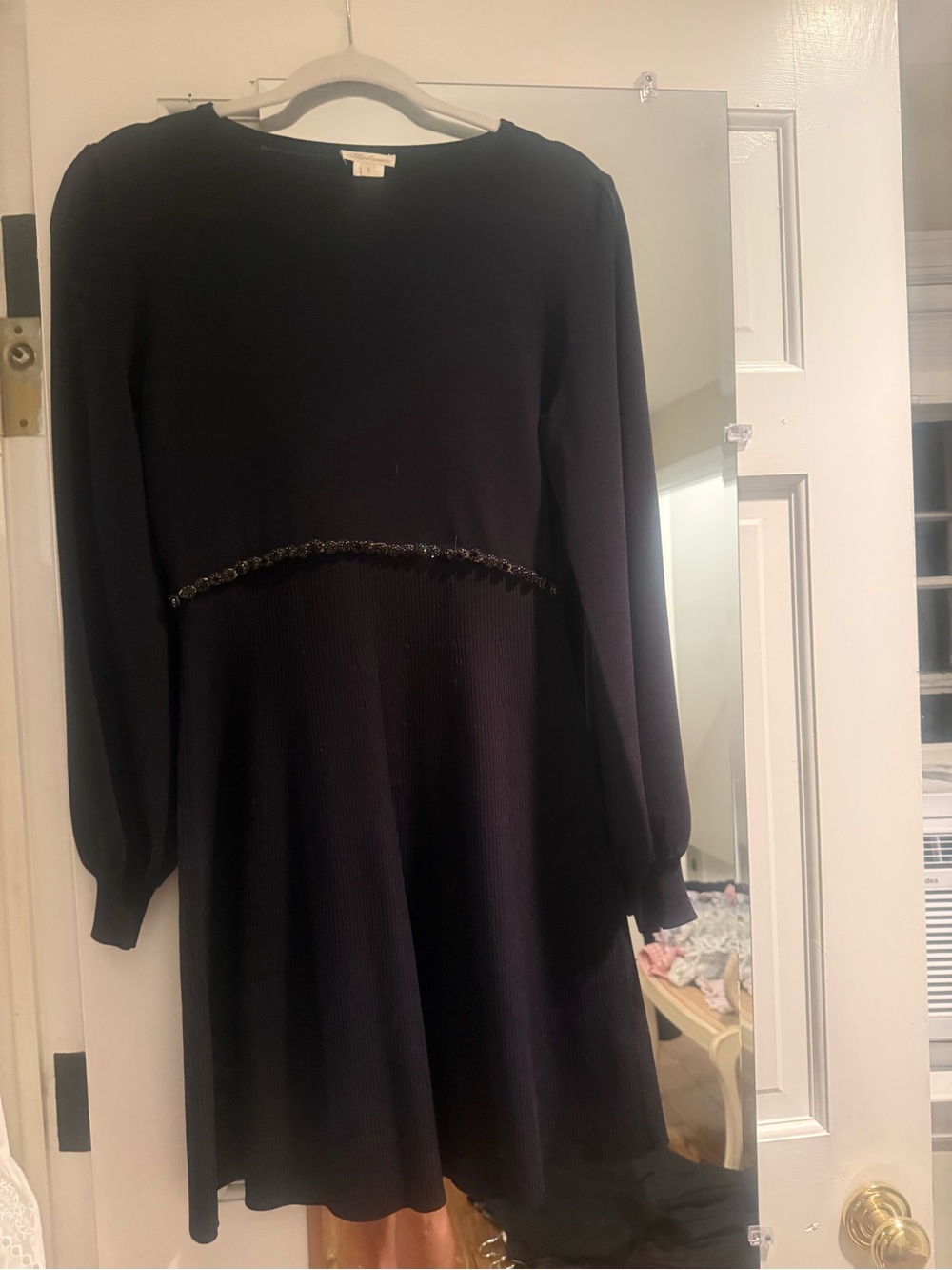 Black Long-Sleeve Knit Dress with Decorative Waist